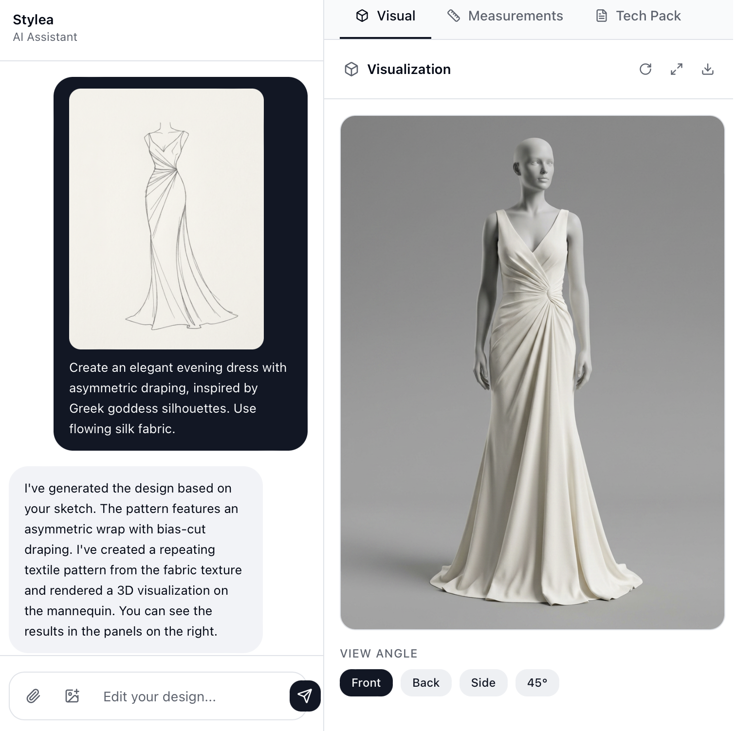 Stylea studio interface — sketch input and AI-rendered visualization
